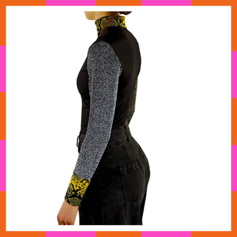 Vêtement à col roulé automne hiver, manche longue, noir, serpent et paillettes, tailles 36-38