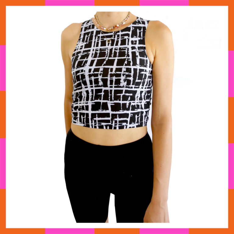 Vêtement printemps été, top court, motif noir et blanc abstrait, tailles 36-38