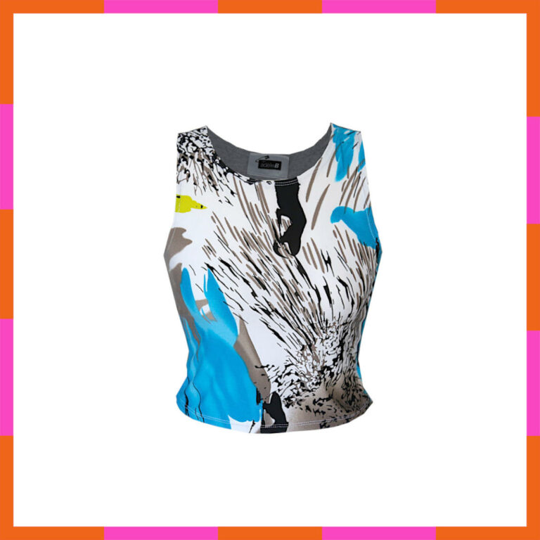 Vêtement printemps été, top court, motif abstrait, bleu, gris et blanc, tailles 36-38