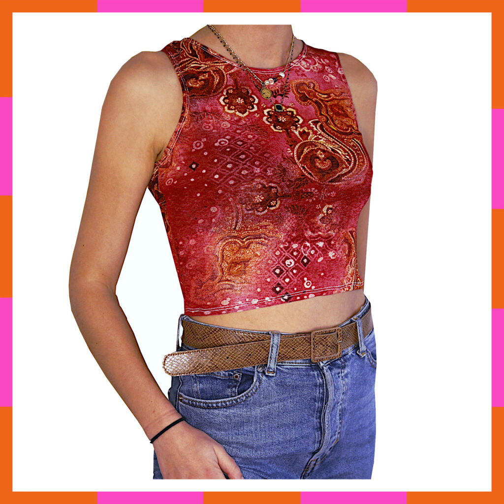 Vêtement printemps été, top court, motif abstrait rouge et rose, tailles 36-38