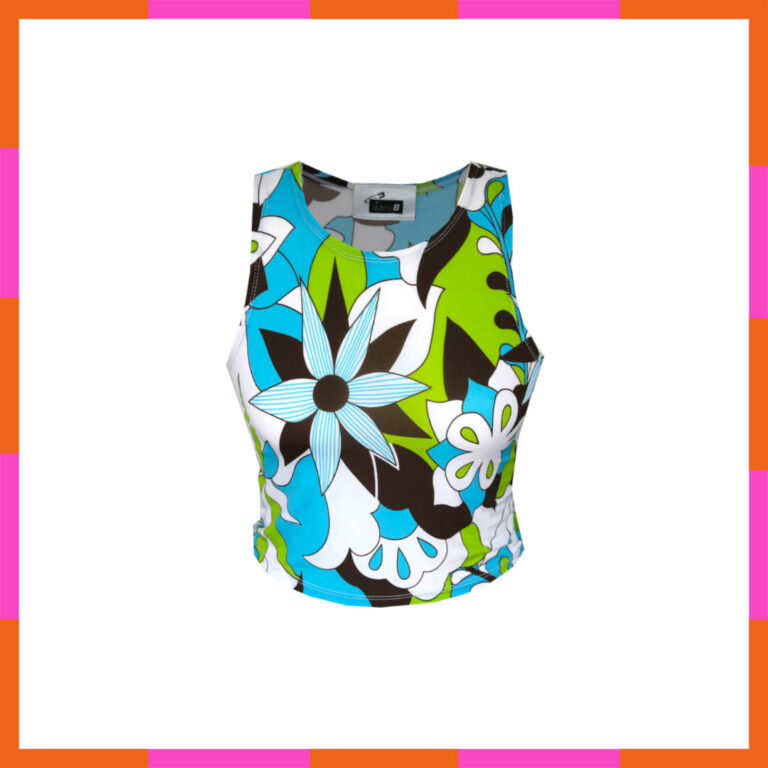 Vêtement printemps été, top court, motif floral bleu et vert, années 70, tailles 36-38