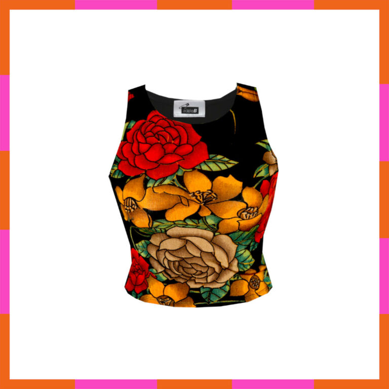 Vêtement printemps été, top court, motif floral, noir et rouge, tailles 36-38