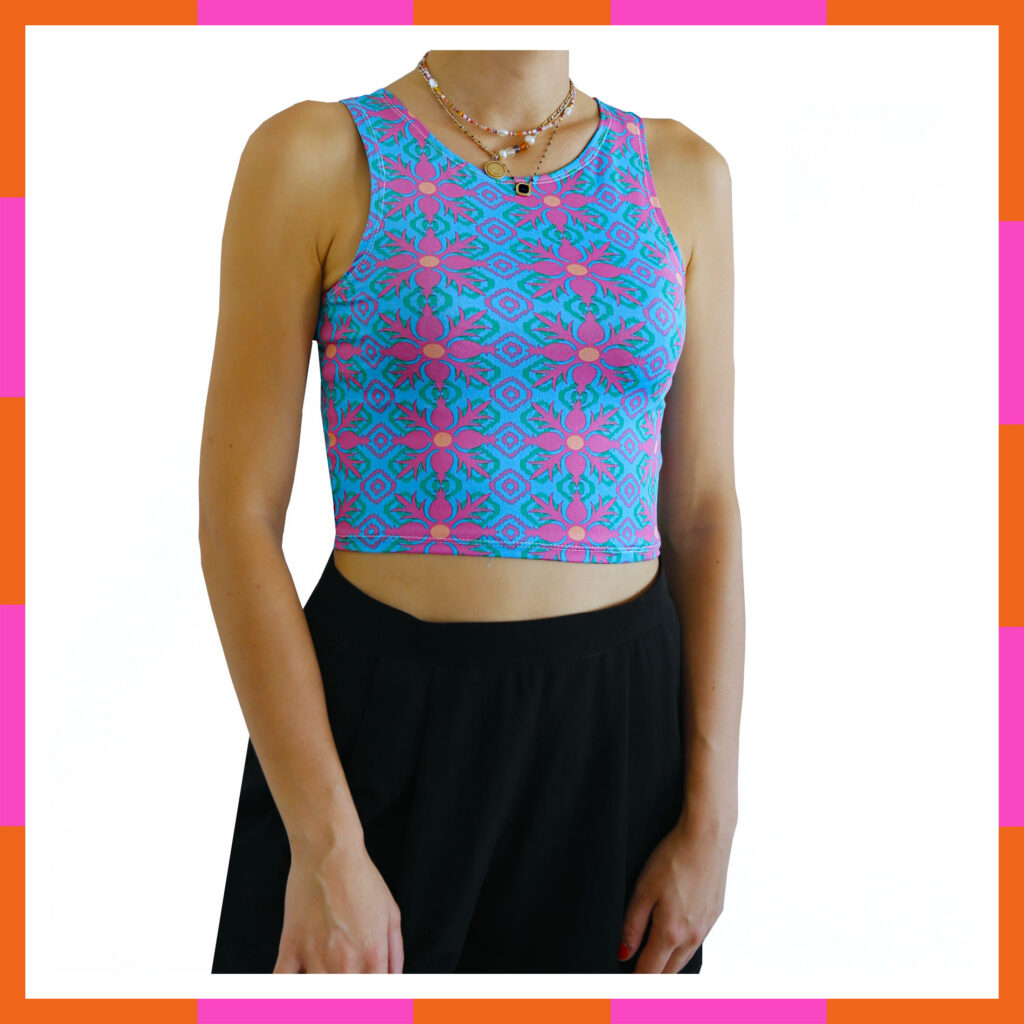 Vêtement printemps été, top court, motif rose et bleu, tailles 36-38
