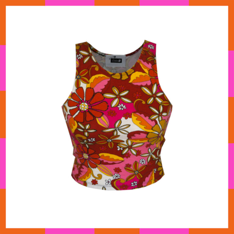 Vêtement printemps été, top court, motif floral rose, années 70, tailles 36-38