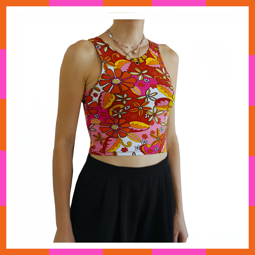 Vêtement printemps été, top court, motif floral rose, années 70, tailles 36-38
