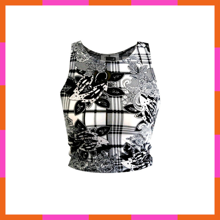Vêtement printemps été, top court, noir et blanc, motifs carreau floral tailles 36-38