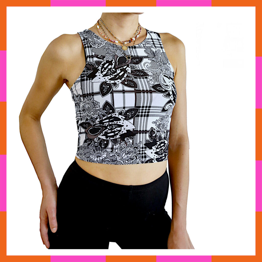 Vêtement printemps été, top court, noir et blanc, motifs carreau floraux tailles 36-38