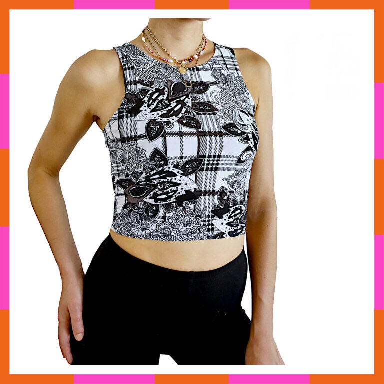 Vêtement printemps été, top court, noir et blanc, motifs carreau floraux tailles 36-38