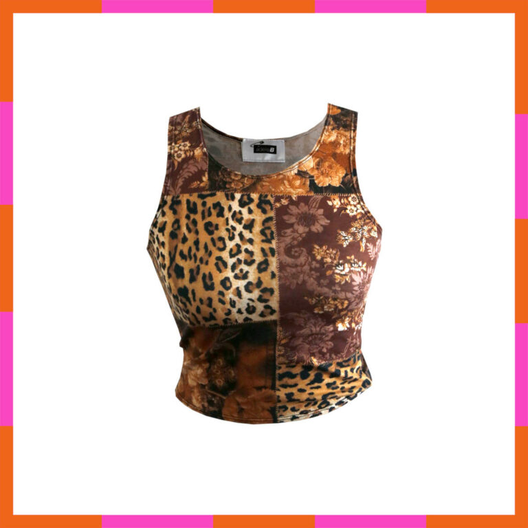 Vêtement printemps été, top court, patchwork léopard, beige et marron, tailles 36-38
